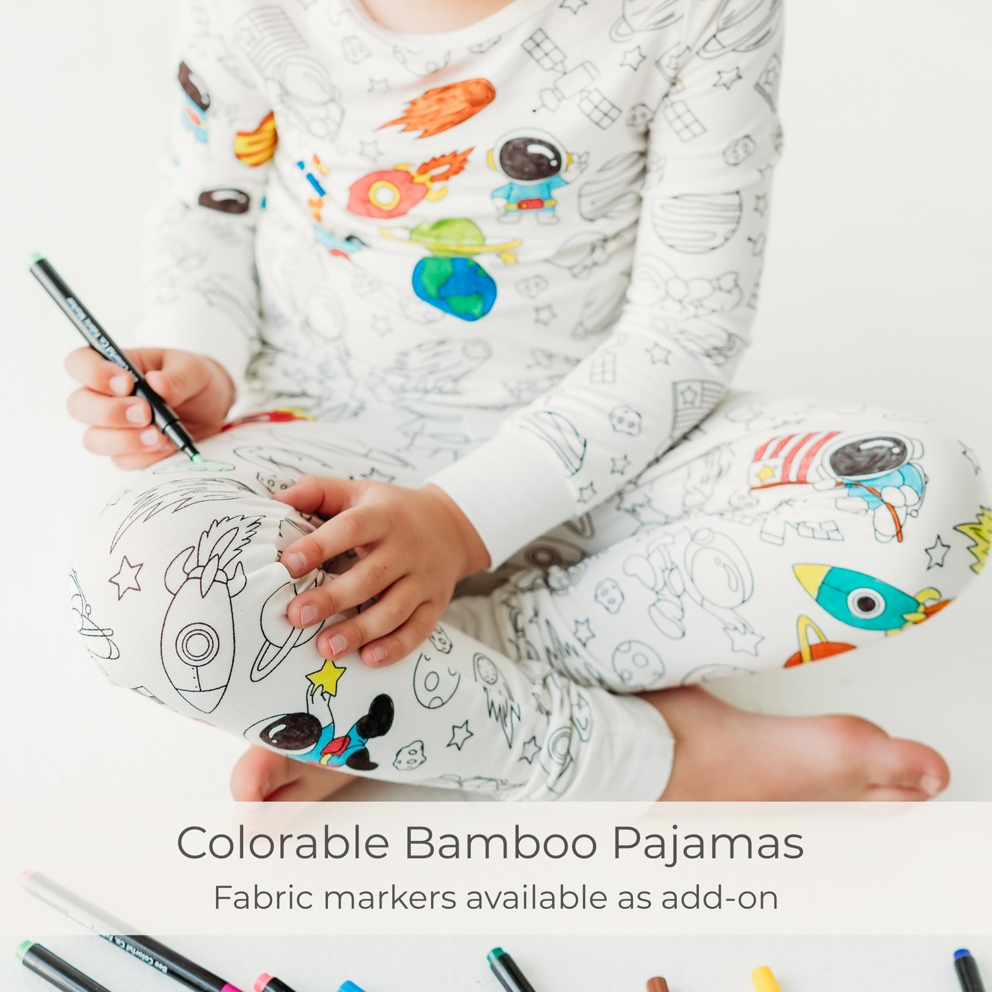 space colorable bamboo pajama set with fabric markers