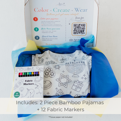 Hanukkah Coloring Pajamas Gift Set | Bamboo PJs + Markers