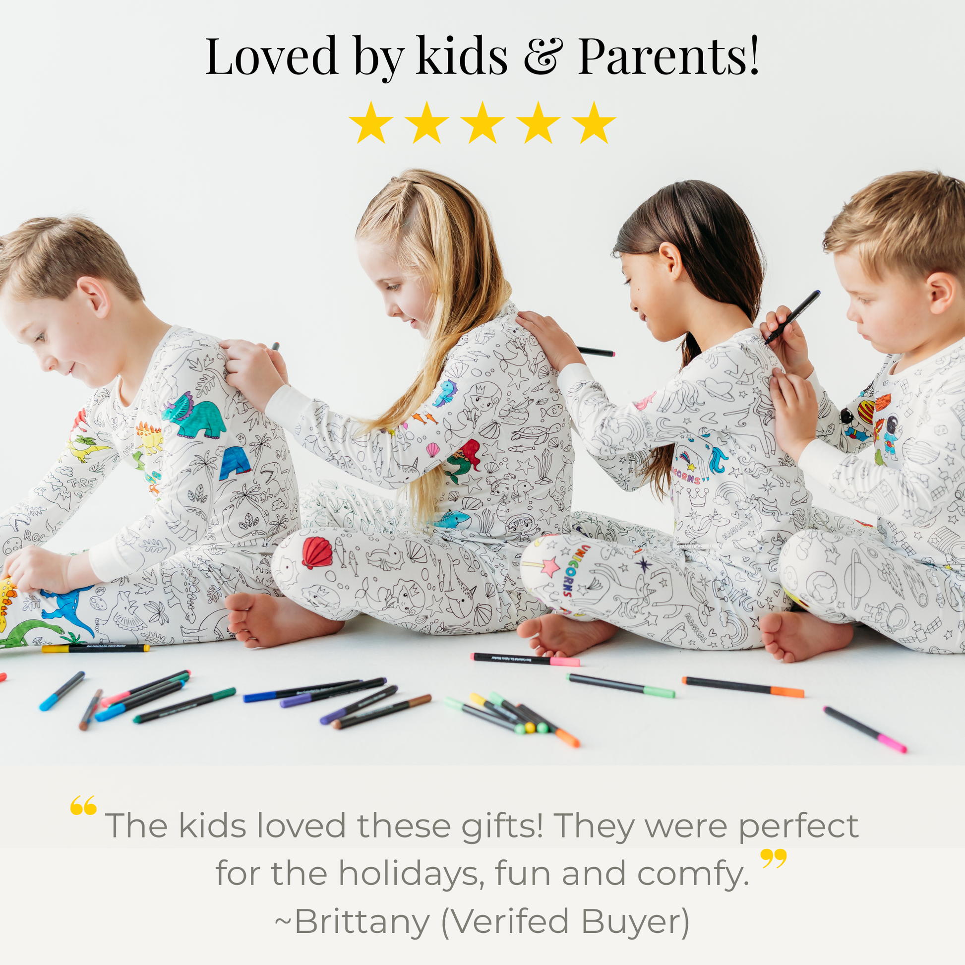 Kids wearing custom colored space coloring pajamas review