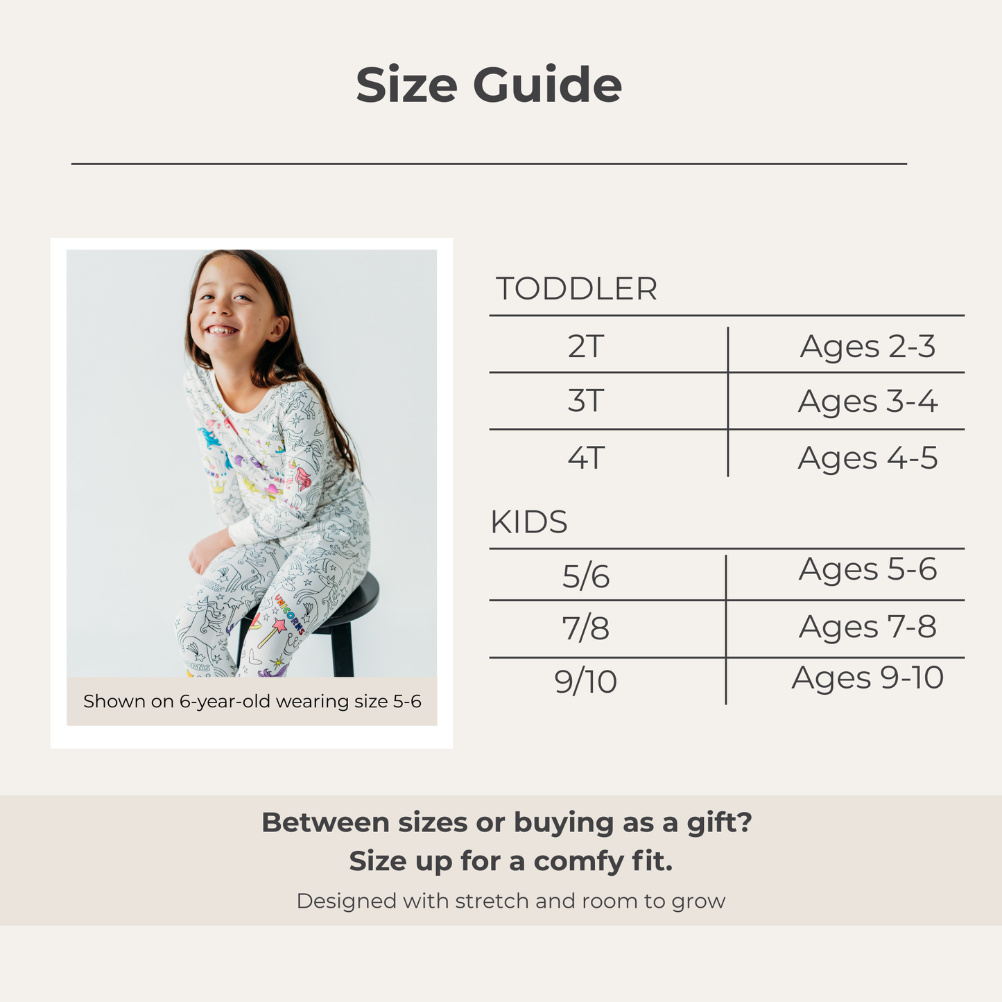 Kids bamboo pajama size guide coloring pajamas