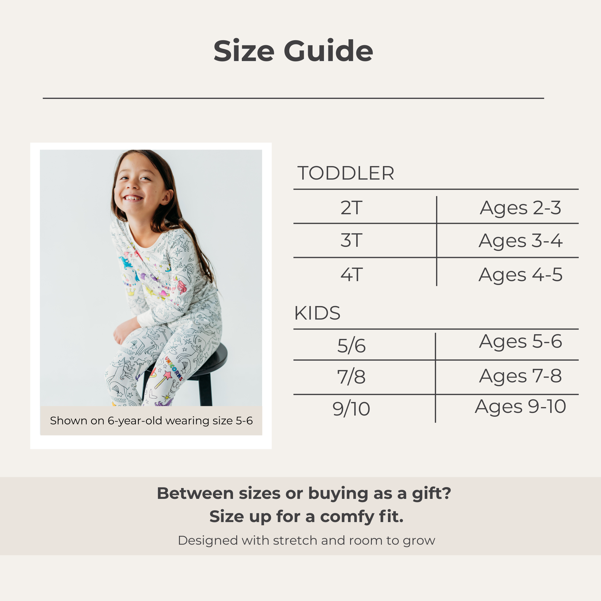 Kids bamboo pajama size guide coloring pajamas