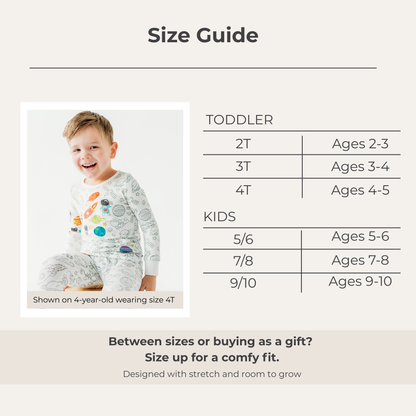 Kids bamboo space coloring pajamas size guide 2T to 10 years