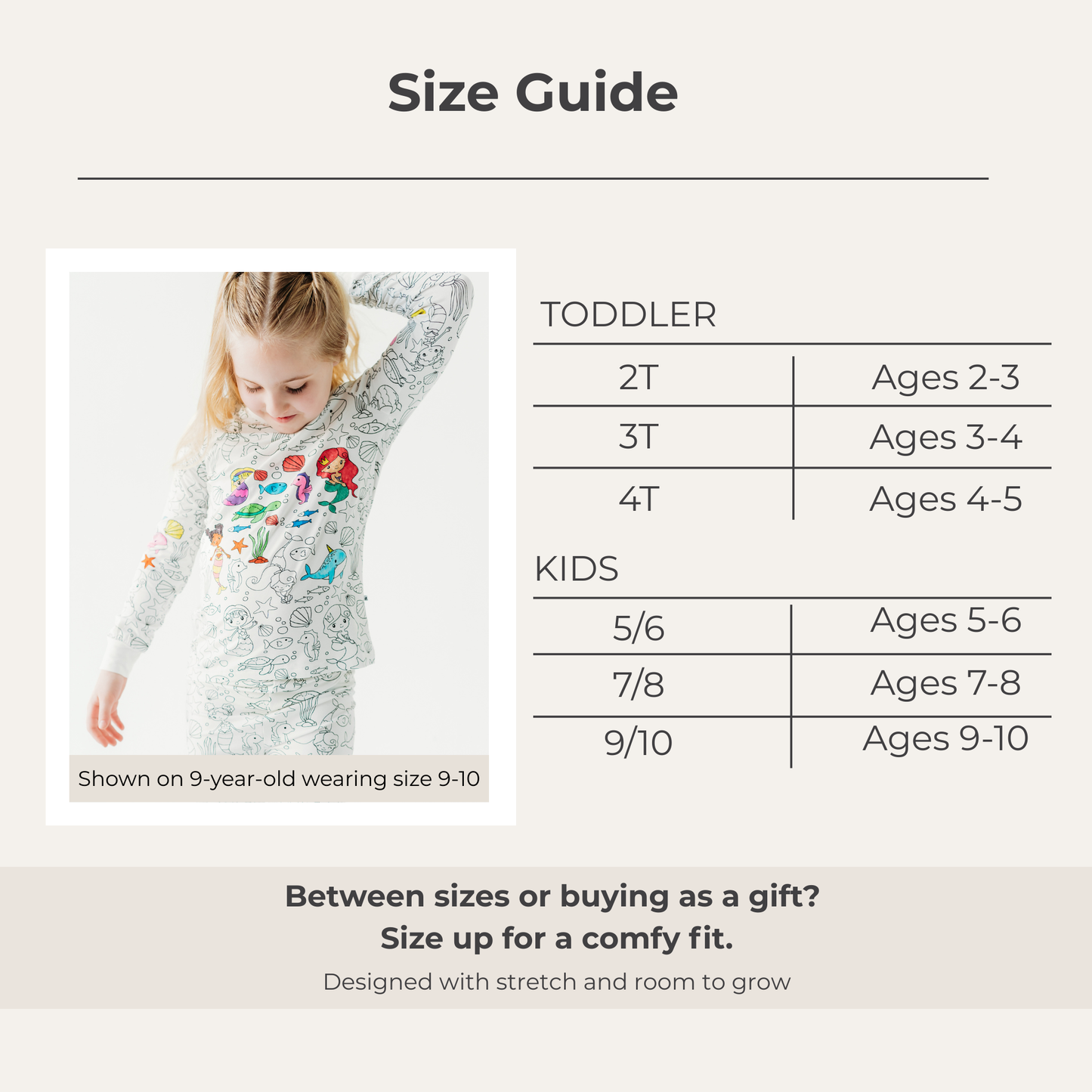 Kids bamboo mermaid pajamas size guide
