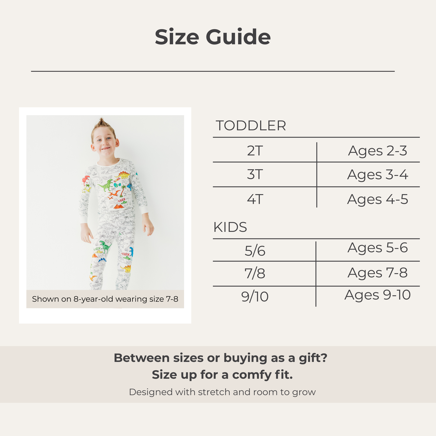 kids bamboo dinosaur pajamas size guide