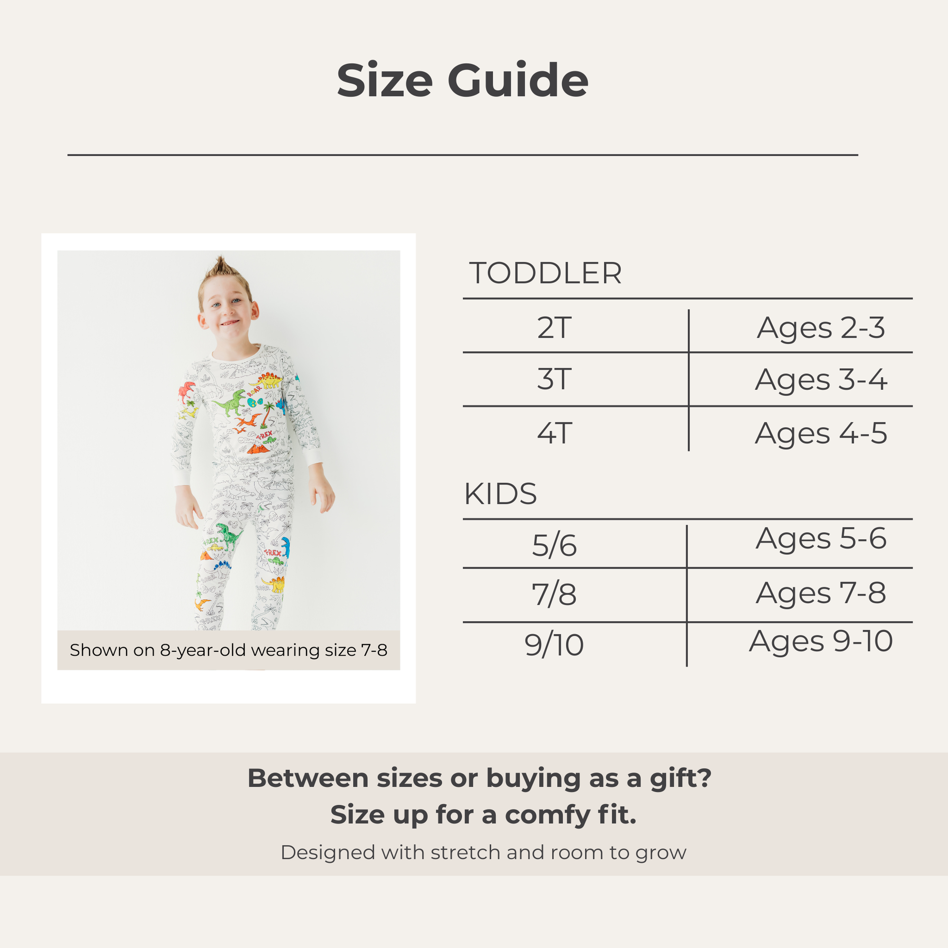 kids bamboo dinosaur pajamas size guide